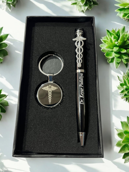 Personalized Doctor Metal Pen & Keychain With Name Engraved Customized Gift Combo For Doctor Ideal Gift For Brother Sister Special Occasion - Matt Black